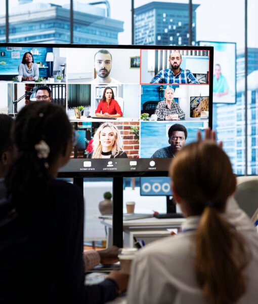 Executive board members discussing with shareholders on online videocall, attending a remote briefing meeting to ensure project success and development. Organizational analysis.