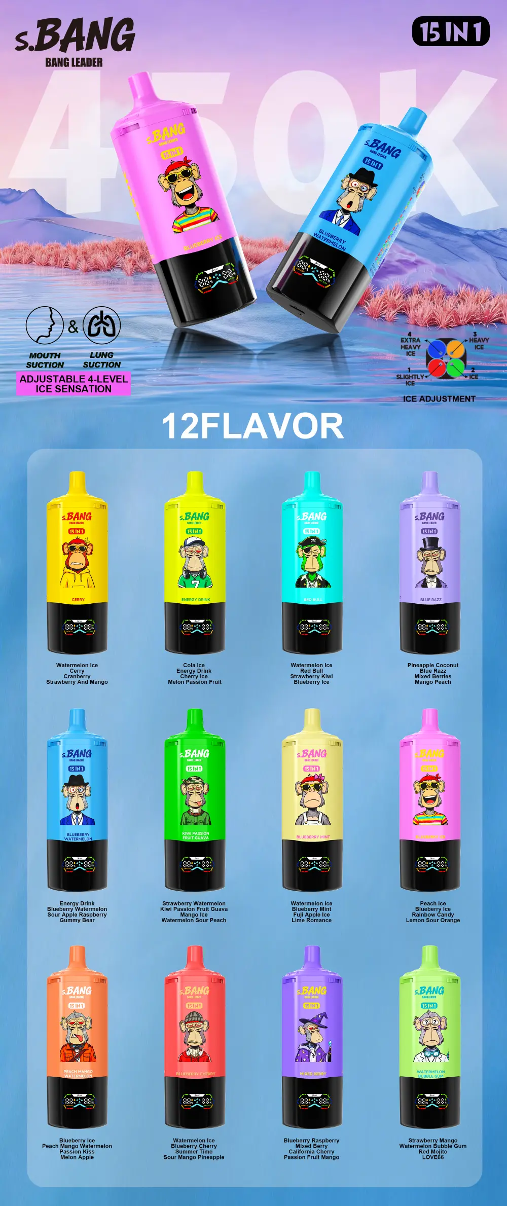 Bang Leader 450K Puffs – 15-u-1 punjiva jednokratna vape s podesivim ledom i pametnim zaslonom 1 bang leader 450k puffs 15 u 1 punjiva jednokratna vape s podesivim ledom i pametnim zaslonom 1