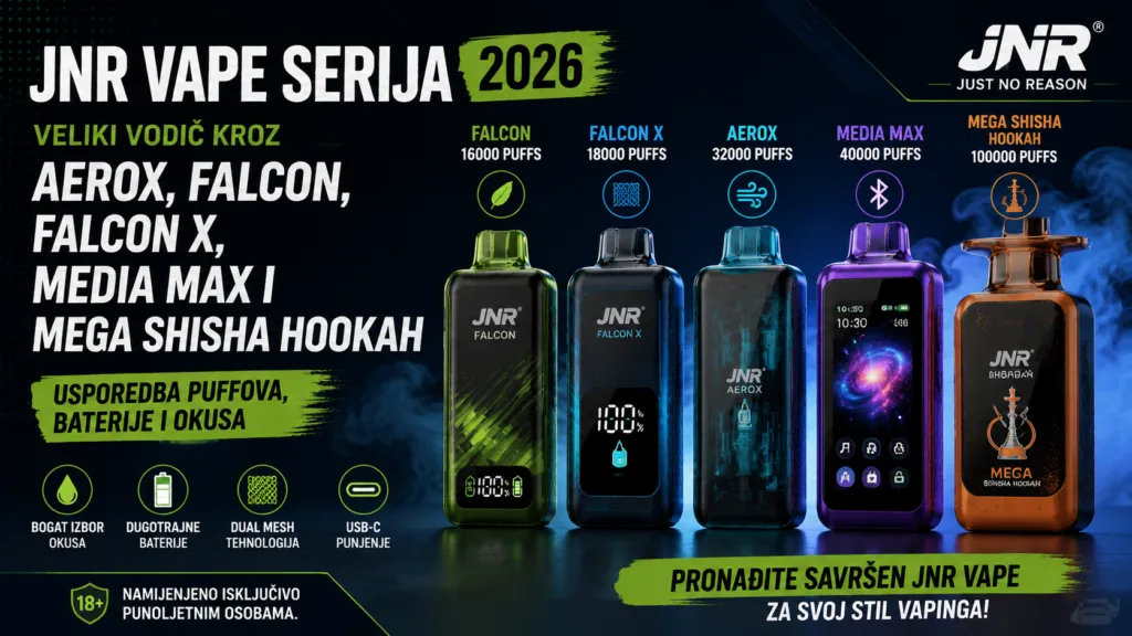 JNR Vape Serija 2026 – Veliki Vodič kroz AeroX, Falcon, Falcon X, Media Max i Mega Shisha Hookah