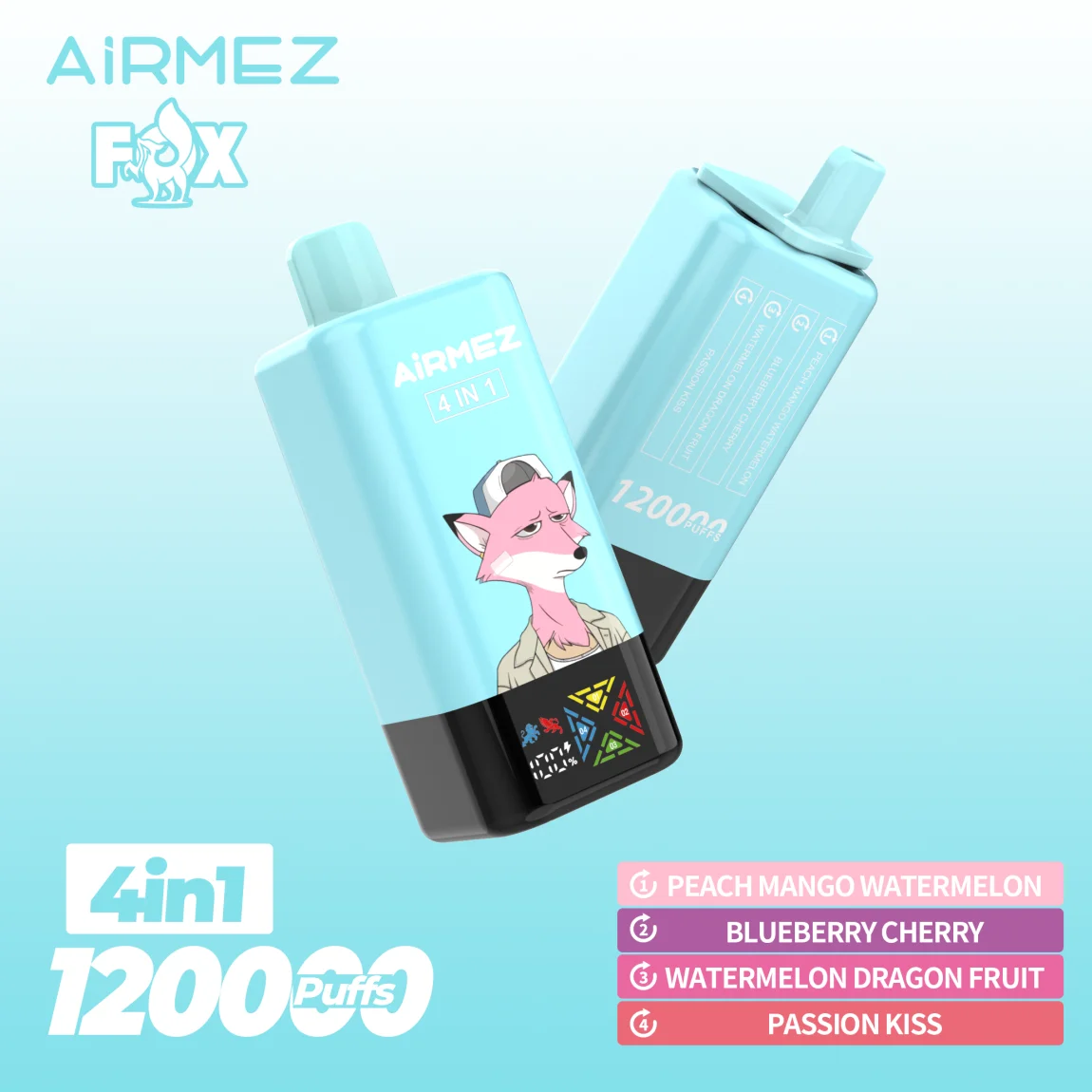 Airmez FOX120K-blueberrycherry Airmez Fox 4 u 1 120000 Puffs – Četiri Odvojena Okusa s 120K Udisaja i Ekranom - Slika 1